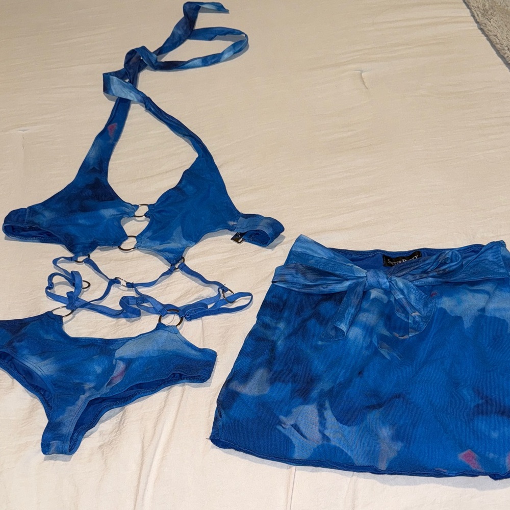 Blue Tie-Dye Bikini Set with Skirt